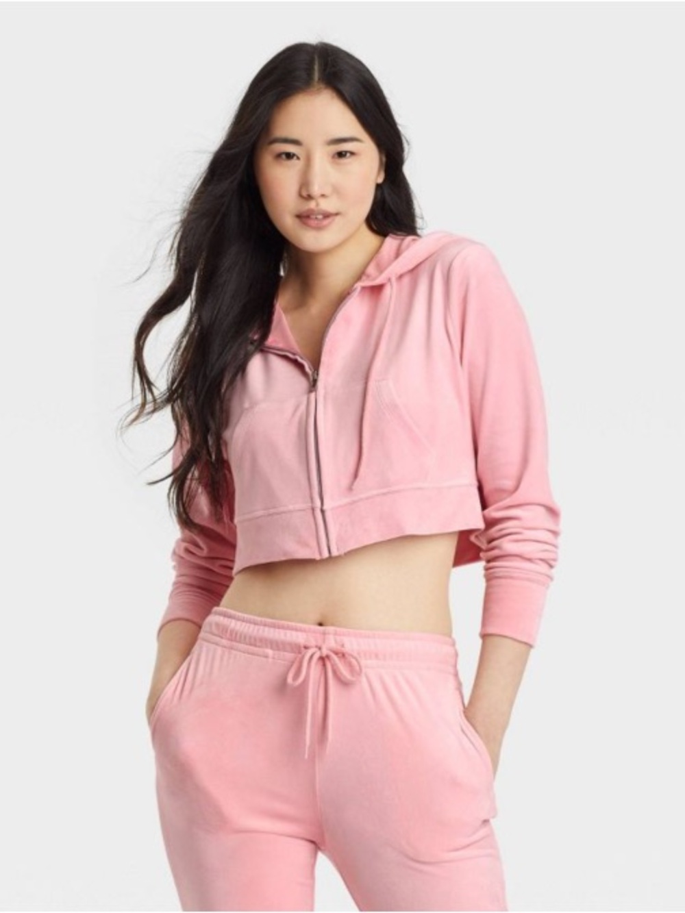 Collie Cropped Pink Velour Zip-Up Hoodie - Women's Comfort Top